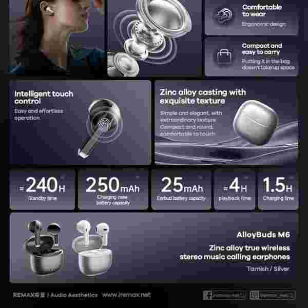 Наушники TWS REMAX Alloy Buds M6 с Bluetooth 5.4 — изображение 6