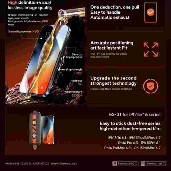 Защитное стекло Remax ES-01 для iPhone 15, iPhone 16, IPhone 17(HD Tempered Glass) — изображение 3