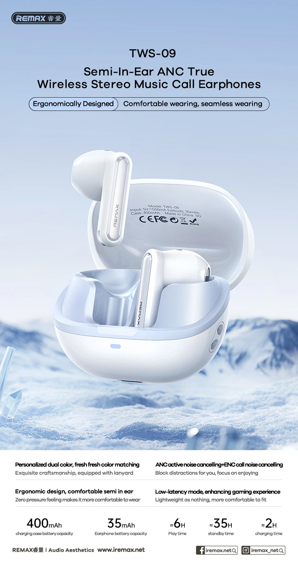 REMAX Ture Wireless Stereo Earphones ANC+ENC Dual Noise Reduction Bluetooth V6.0 TWS Earbuds Headset