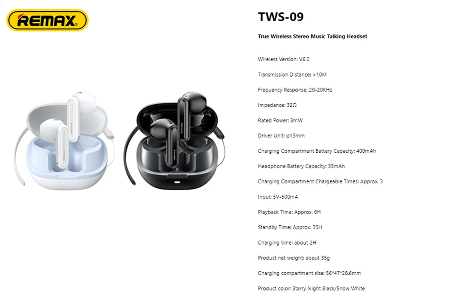 REMAX Ture Wireless Stereo Earphones ANC+ENC Dual Noise Reduction Bluetooth V6.0 TWS Earbuds Headset